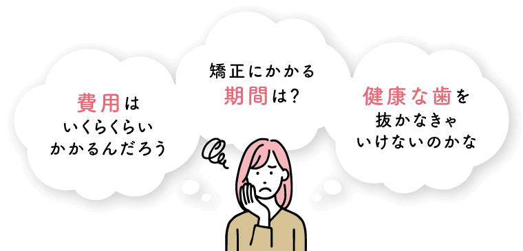 費用はいくらくらいかかるんだろう？矯正にかかる期間は？健康な歯を抜かなきゃいけないのかな？