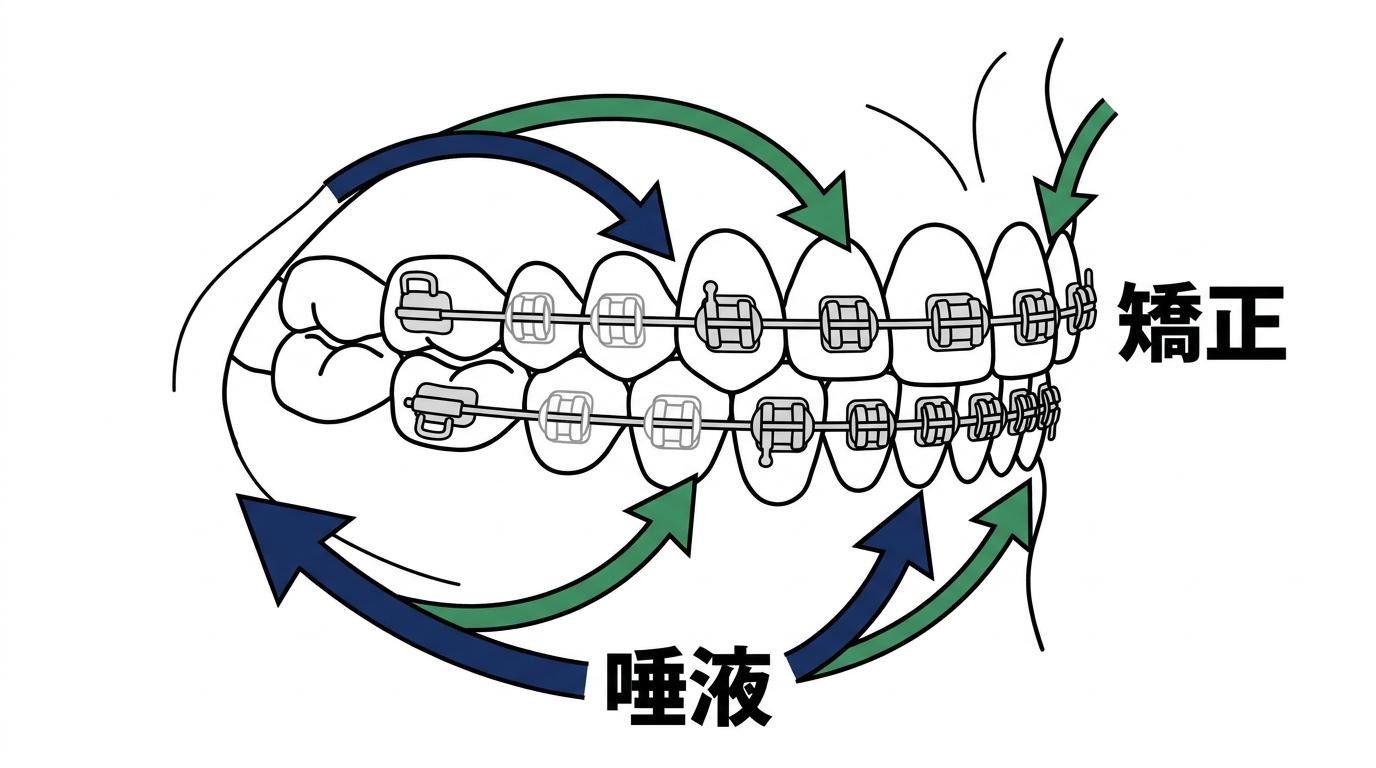 矯正中の装置が唾液の分泌に与える影響の図解