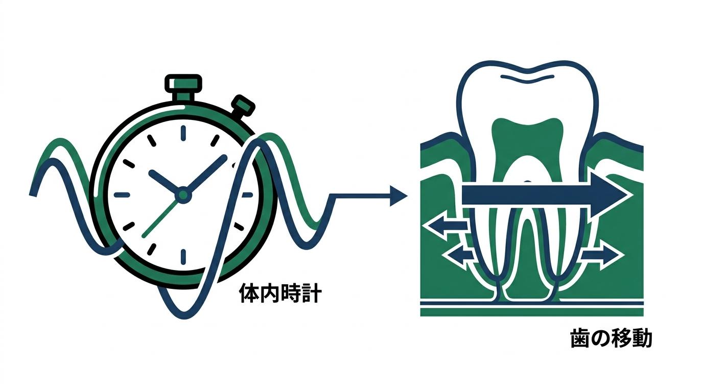 サーカディアンリズムが歯の移動に影響するメカニズムの図解