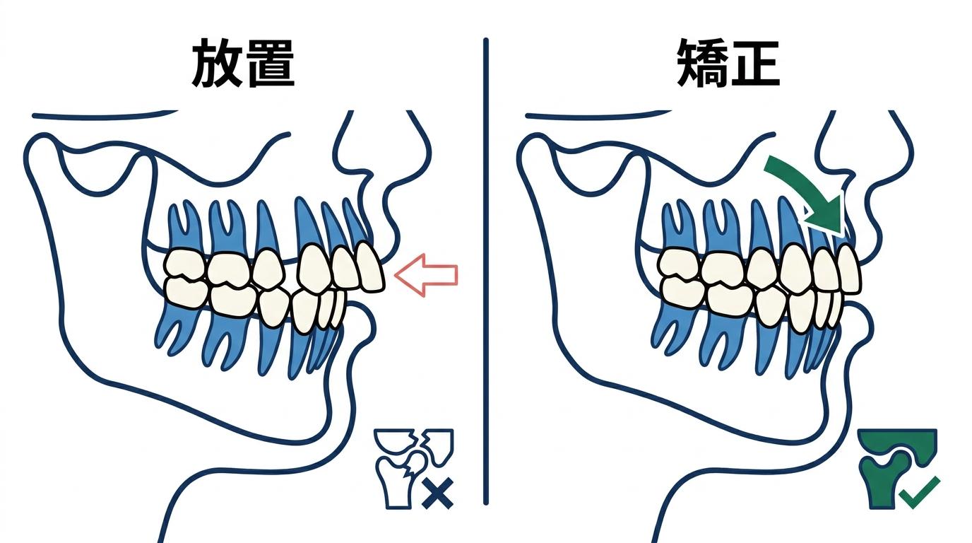 出っ歯をそのままにするリスクと矯正の必要性の図解