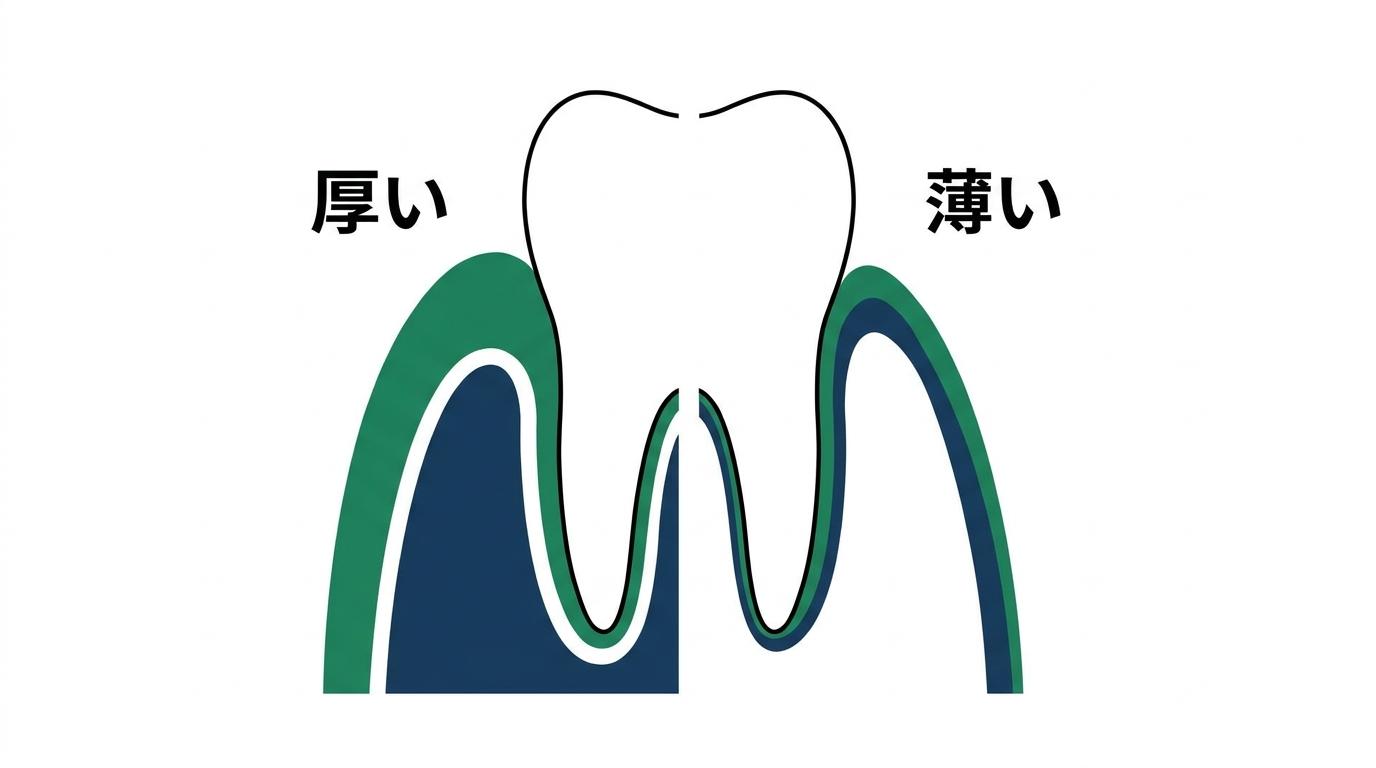 歯肉の厚みや骨の形態(フェノタイプ)が矯正治療に与える影響の図解